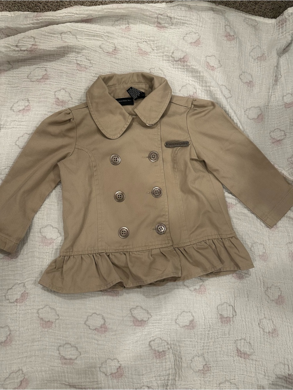 Calvin Klein Jeans Girls' Tan Peplum Double-Breasted Coat Size 12M